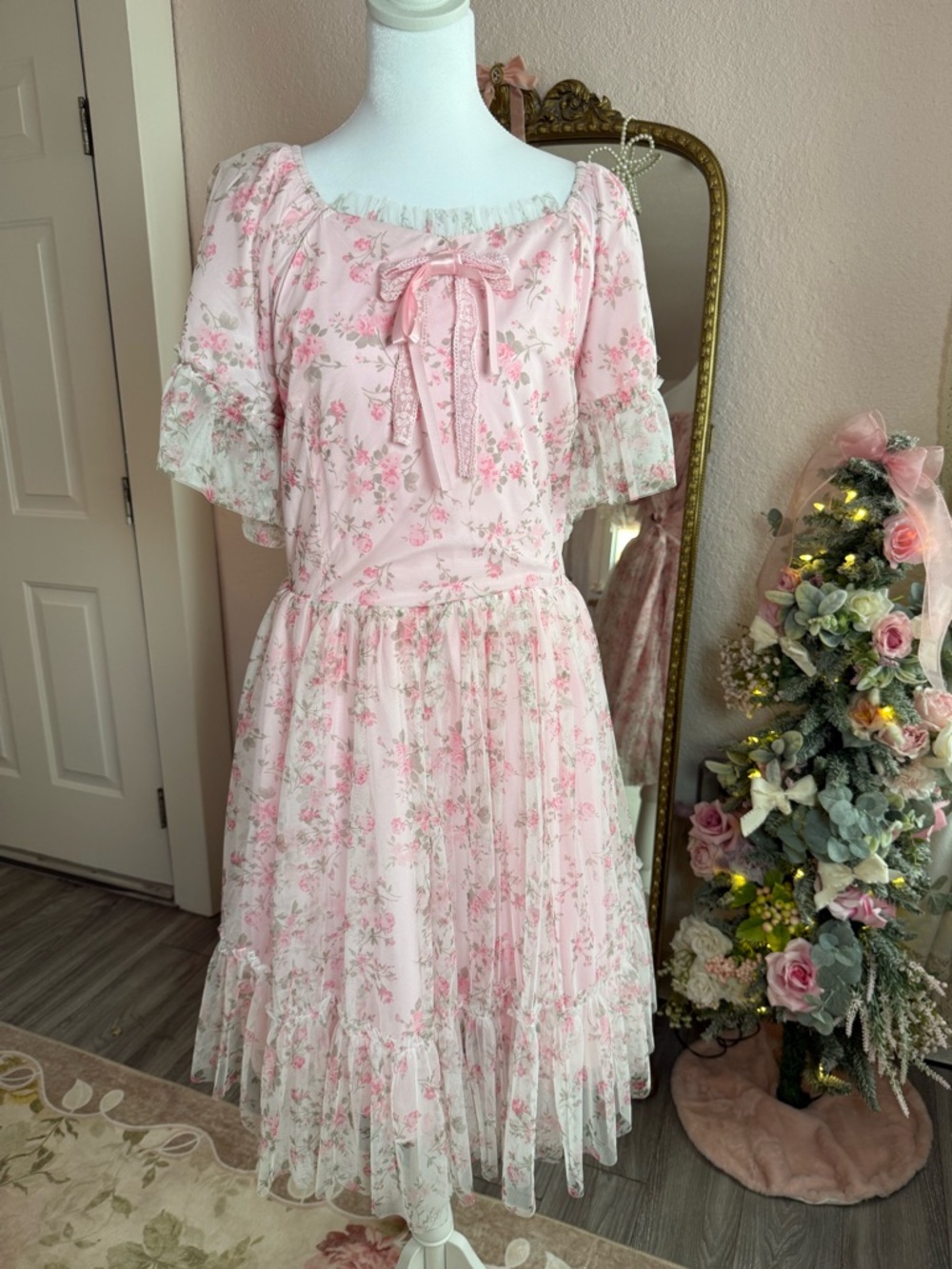 Ivy City Co Pink Floral Ruffled Tea Dress